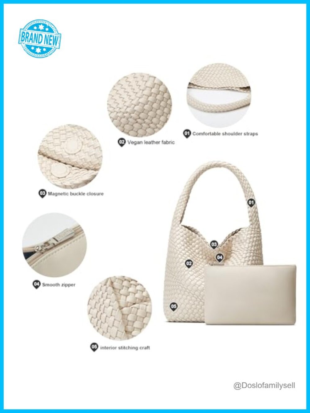 Handwoven Vegan Leather Tote Bag with Magnetic Closure and Detachable Clutch - Picture 6 of 6